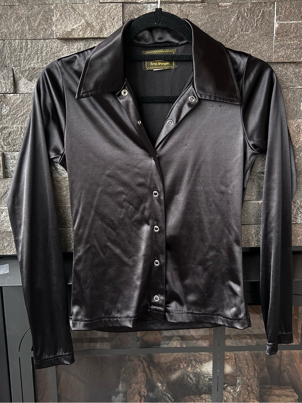 Vintage 90’s Free People Black Satin Button-Up Shirt